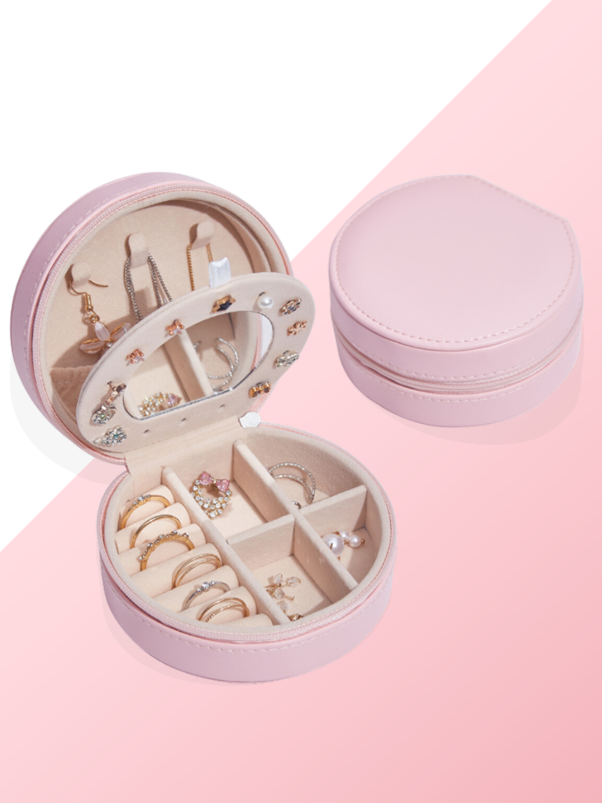 Pink Portable Jewelry Storage Box with Mirror