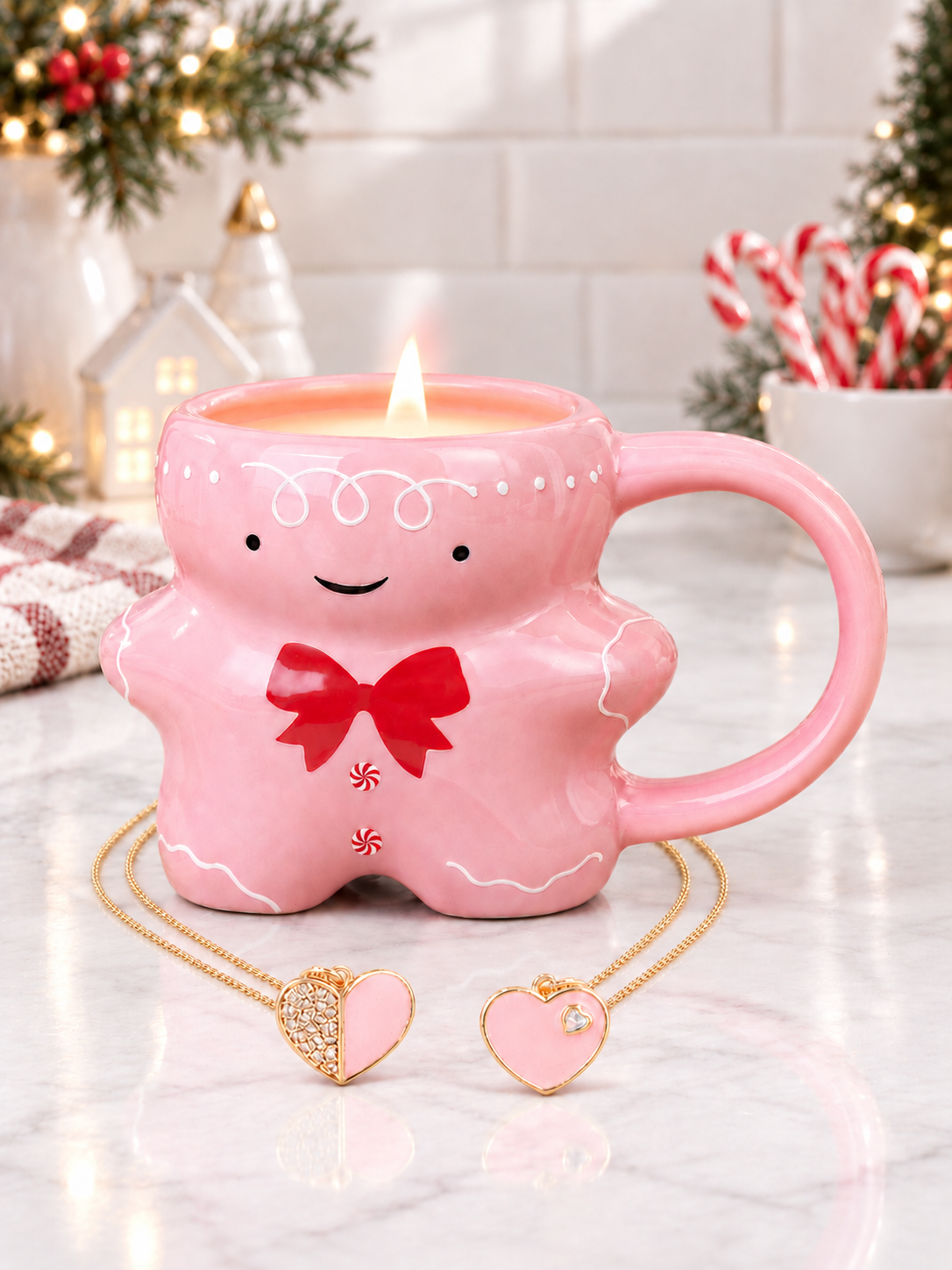 Pink Gingerbread Mug Candle - Pink Heart Necklace Collection
